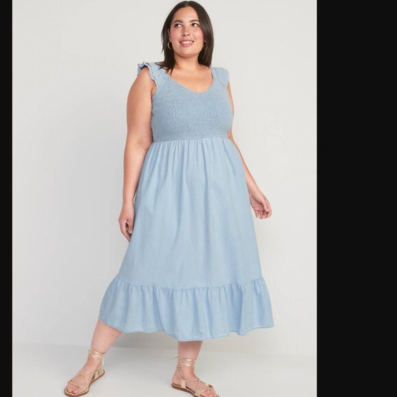 Old Navy Fit & Flare Non-Stretch Jean Smocked Midi Dress Size 4X Ruffle Lace NEW - Picture 1 of 14